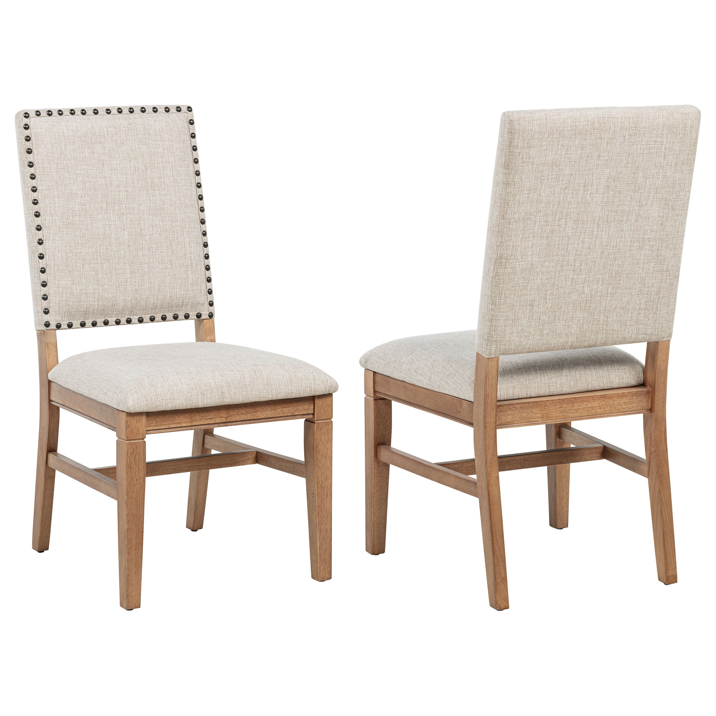 Carlos Beige Upholstered Dining Side Chair Set of 2: Transitional Design with Nailhead Trim, Natural Wood Frame, and Plush Fabric Seating