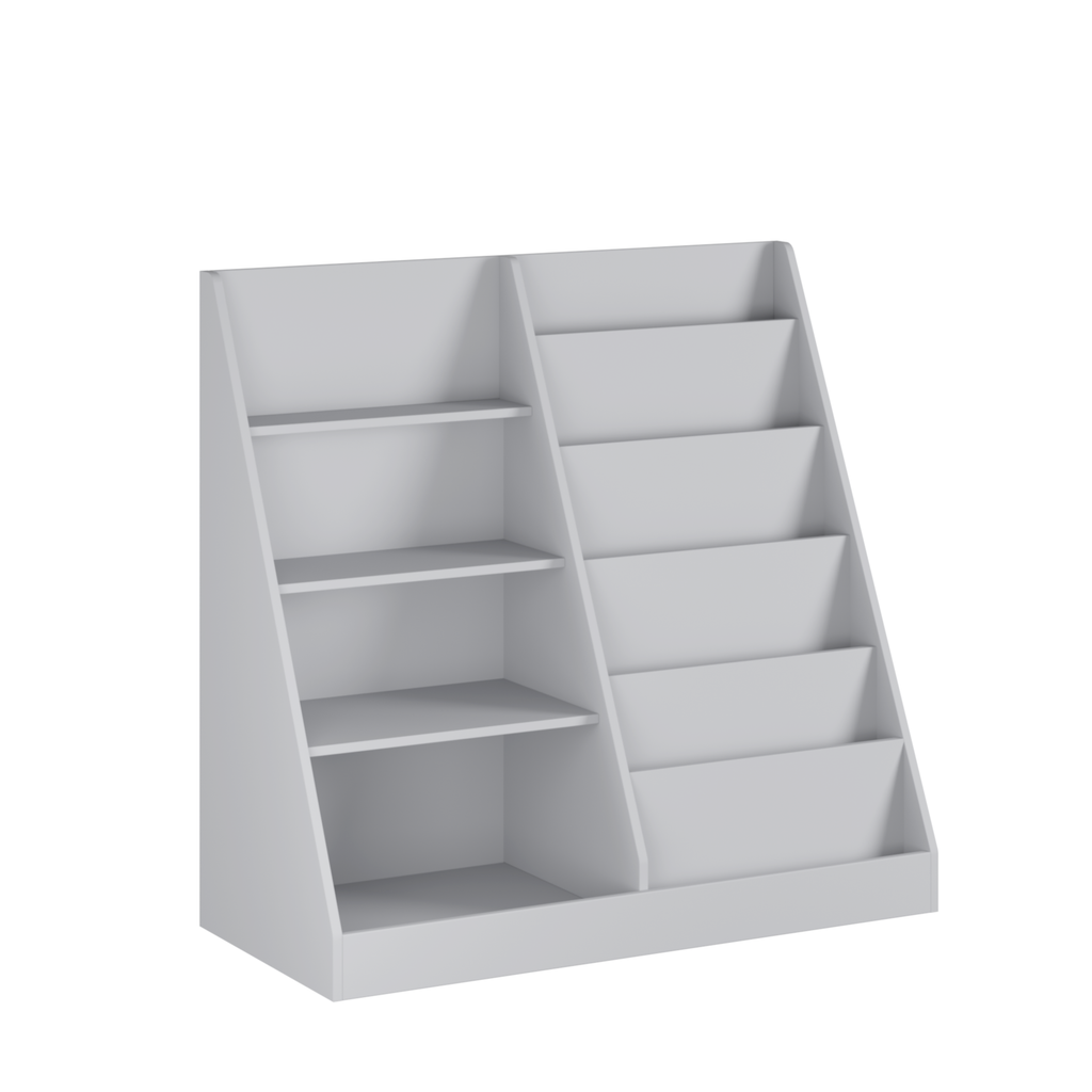 Kids Bookshelf and Toy Storage Organizer, 4-Tier Wooden Bookcase with Display Stand in Gray MDF for Nursery, Playroom, or Children's Room
