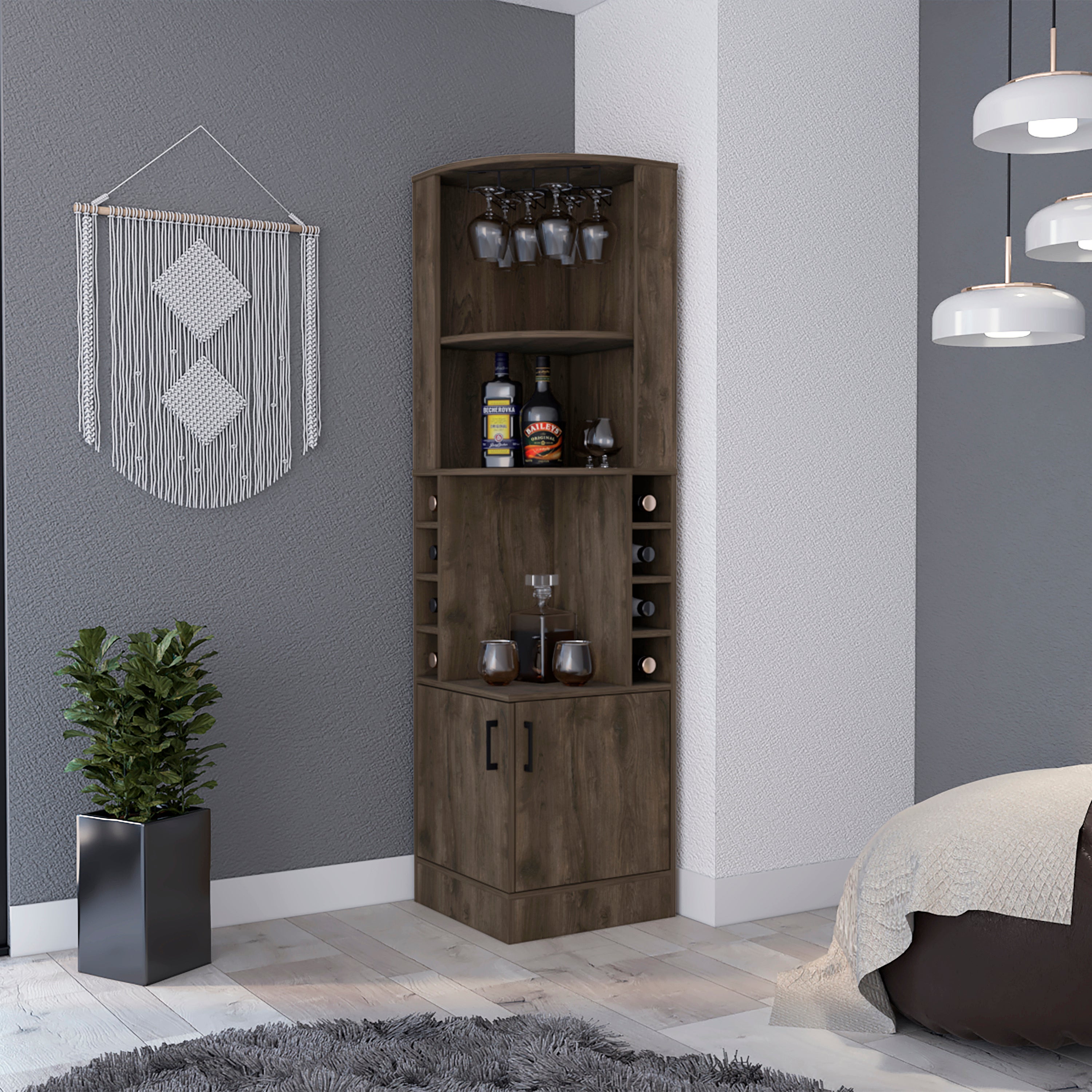Dark Brown 8-Bottle 2-Shelf Bar Cabinet