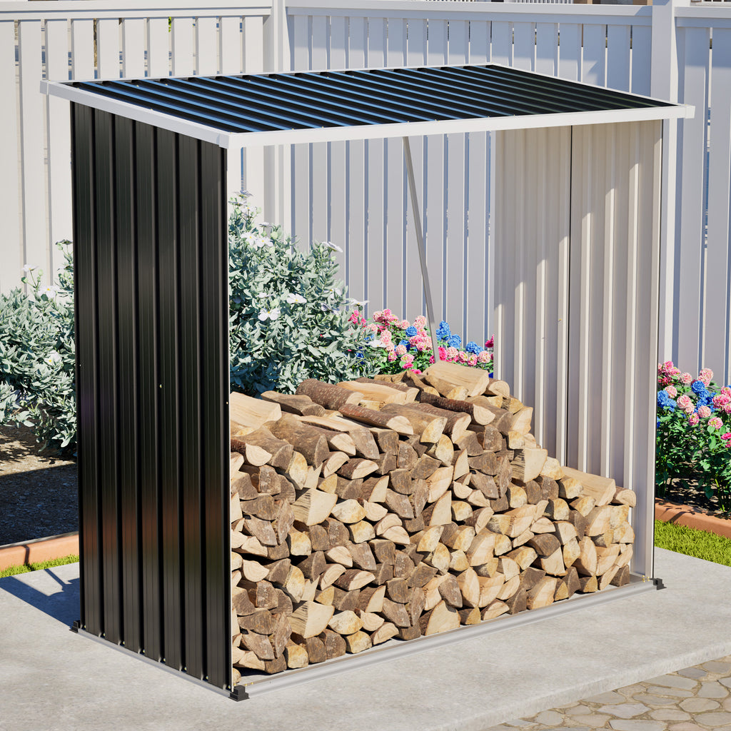 Outdoor Metal Storage Shed - 62 Cu. Ft. Firewood Rack & Patio Organizer with Sloped Roof, Weatherproof for Firewood, Lawn Mower & Yard Tools