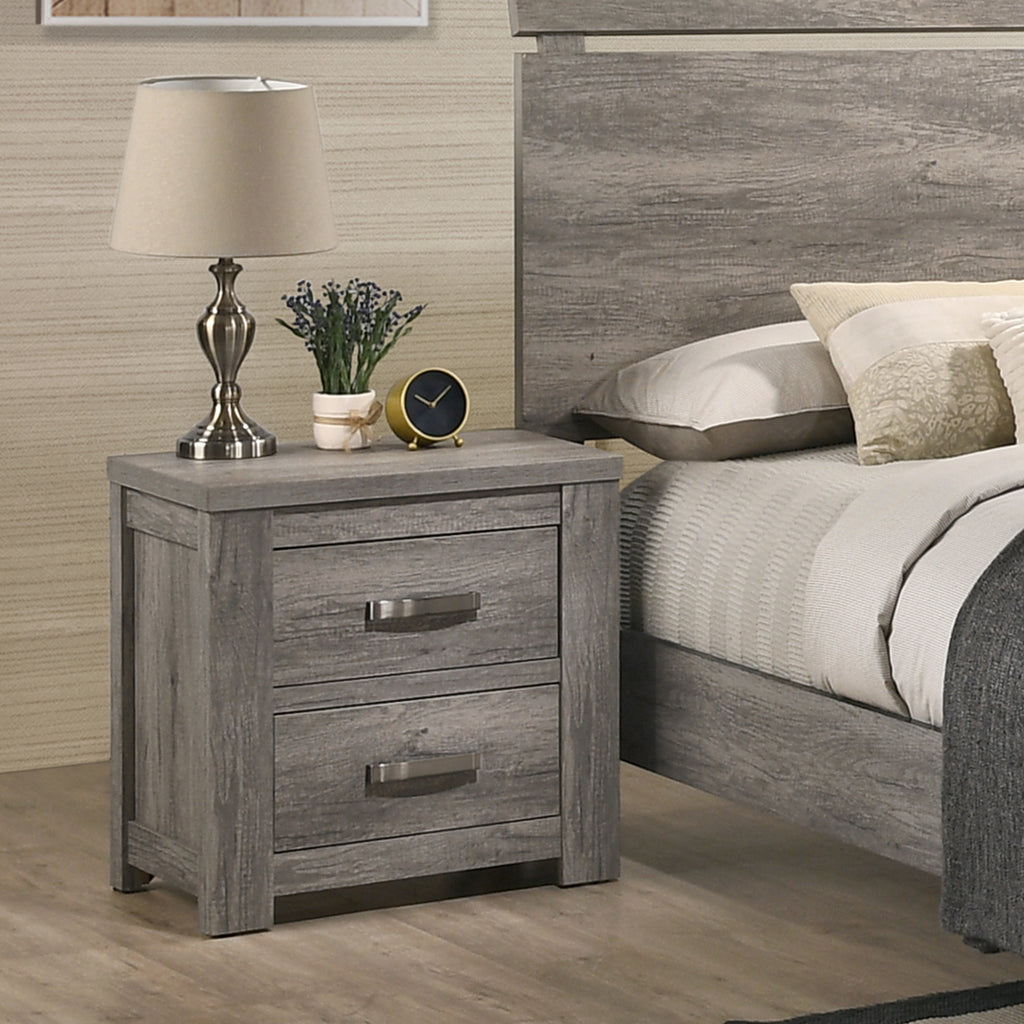 Floren Contemporary Wood Two-Drawer Nightstand, Weathered Gray