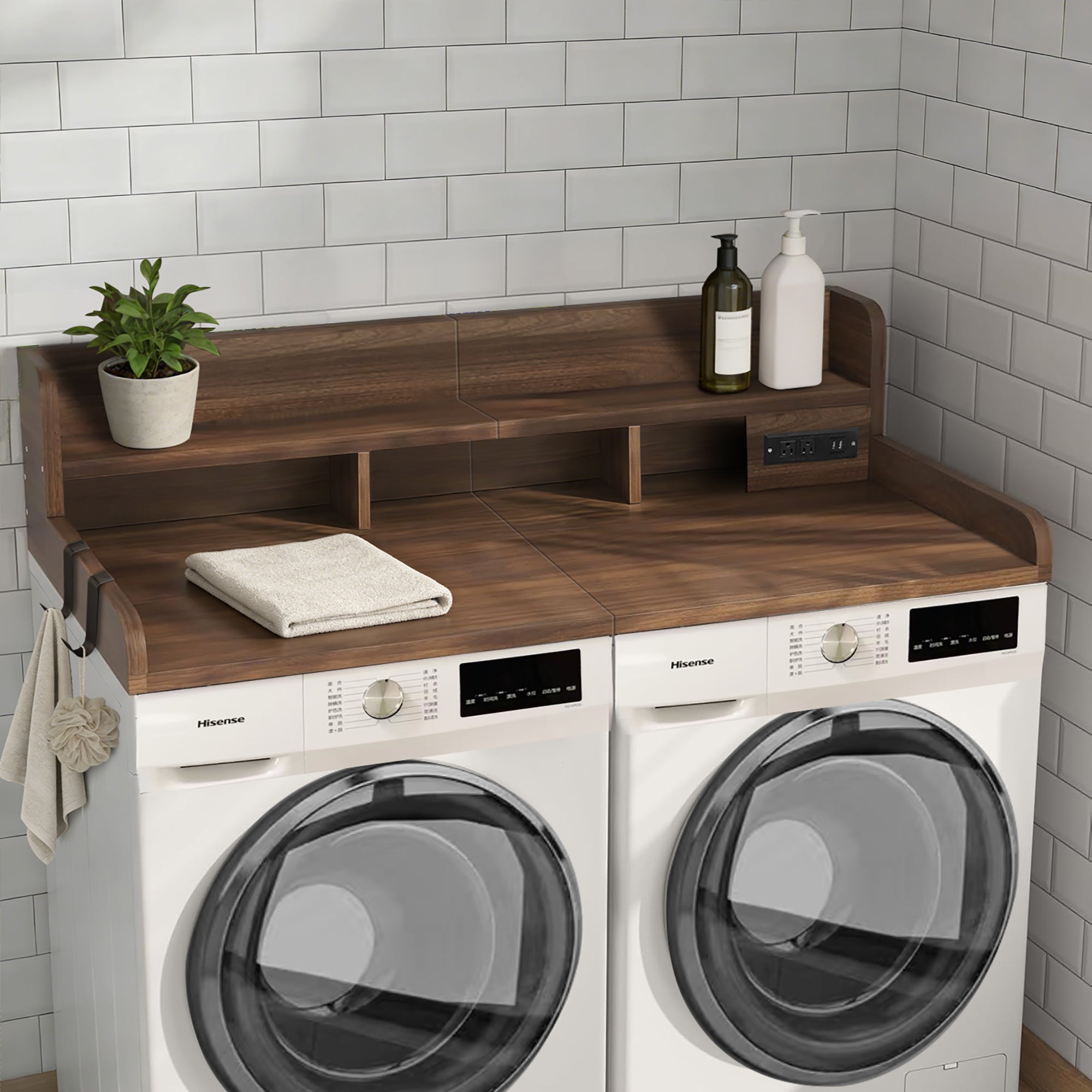 2-Tier Washer and Dryer Countertop with Power Outlet, 54' W x 27.5' D Large Laundry Countertop for Fold Clothes, Laundry Topper with Non-Slip Pads & Hooks and Storage Basket (Walnut Color)