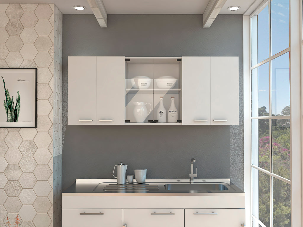Superior 150 Wall Cabinet With Glass, Four Interior Shelves, Two Double Door -White