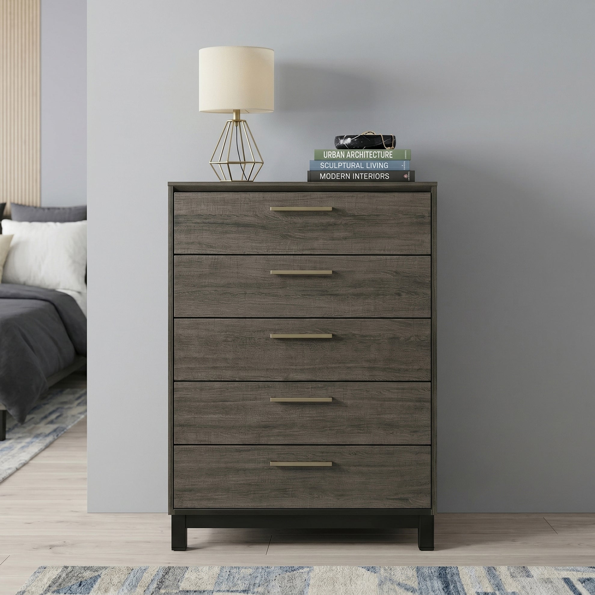 Ioana Antique Grey Finish Wood 5 Drawers Chest