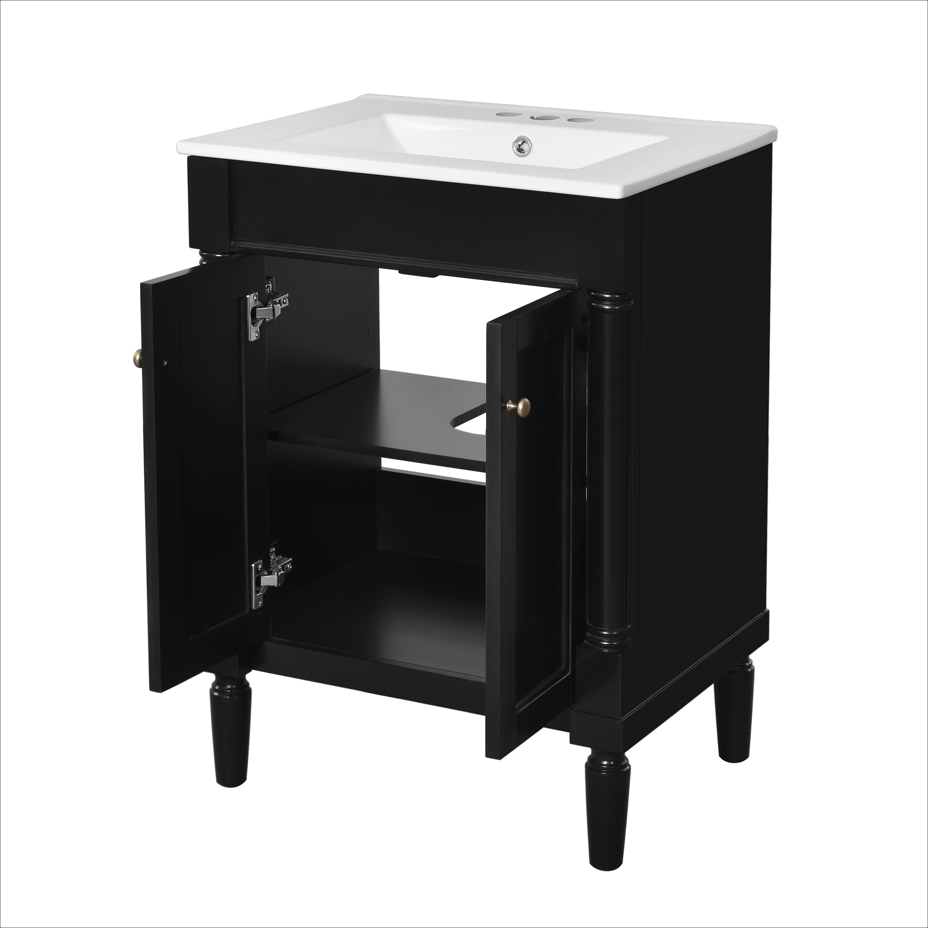 Modern Black Bathroom Vanity with Top Sink, 2-Tier Storage Cabinet, Ceramic Basin, Solid Wood Frame, 24''