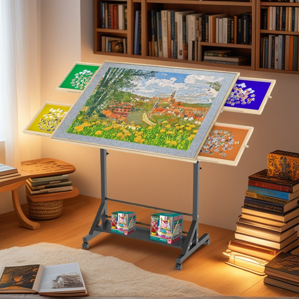 Wooden 1500 Piece Puzzle Table with Drawer, 35'*27.17' Adjustable Puzzle Table, 360° Tilting Puzzle Table with Legs and Wheels, Adjustable Height and Angle, with Protective Cover