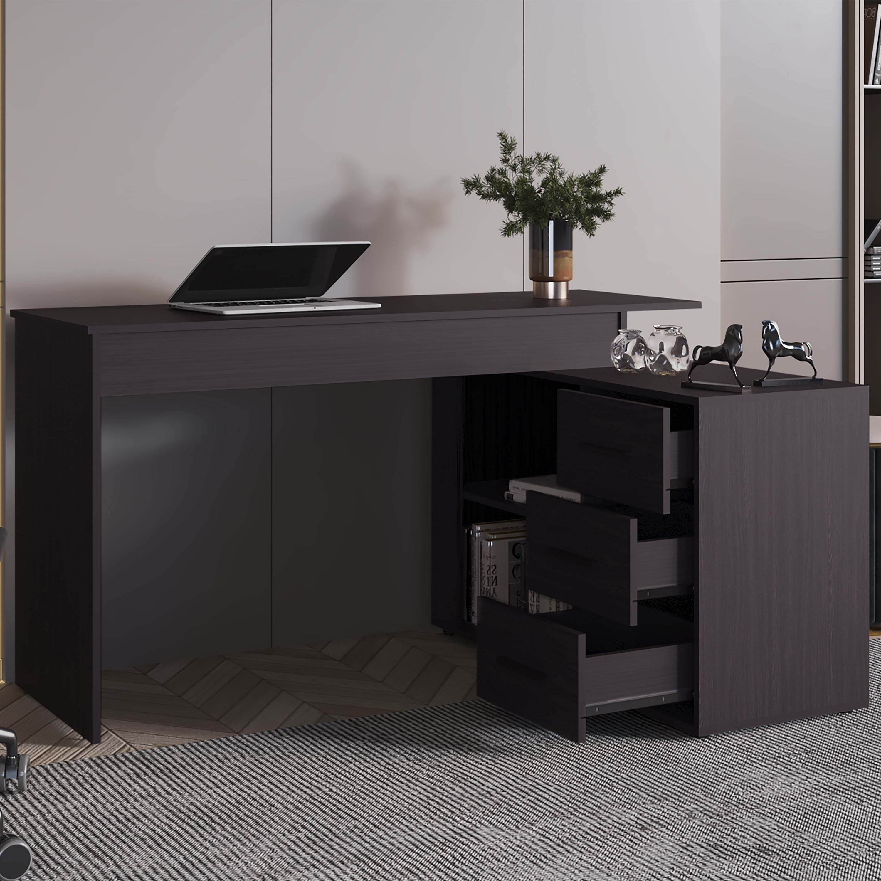 Wenge L-Shaped Desk with 3 Drawers and Storage Space