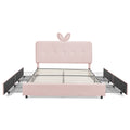Pink Queen Size Kids Upholstered Bed with Oversized Rabbit Ear Headboard, LED Light & 4 Storage Drawers in Boucle Fabric (84.5''X62.75''X41'')