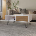 White and Natural Oak Coffee Table with 1-Drawer and Hairpin Legs