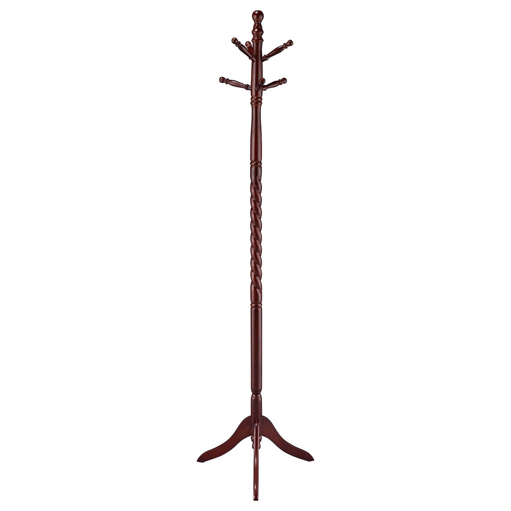 Merlot Coat Rack with Twisted Post - Traditional Wooden Entryway Organizer with 6 Hooks, Brown Finish, 71.5in H x 19.5in W x 19.5in D