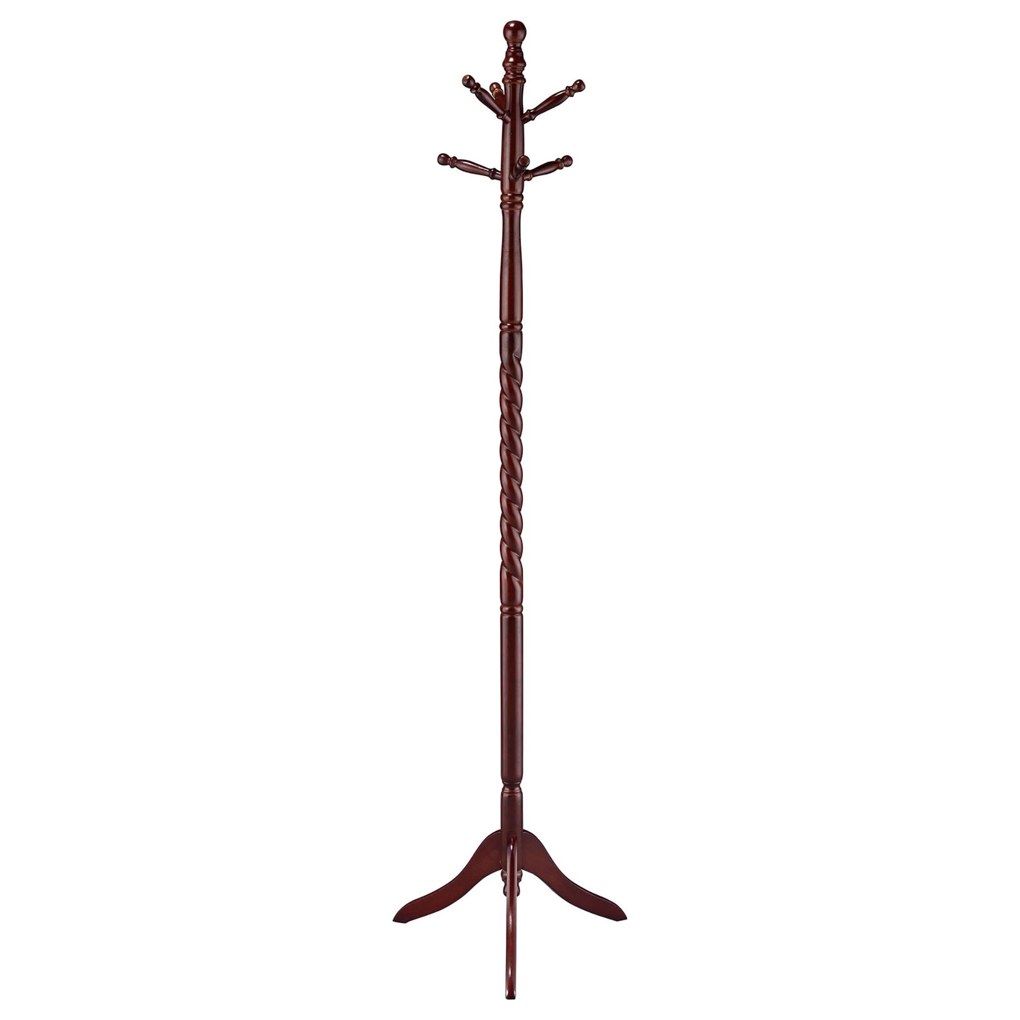 Merlot Coat Rack with Twisted Post - Traditional Wooden Entryway Organizer with 6 Hooks, Brown Finish, 71.5in H x 19.5in W x 19.5in D