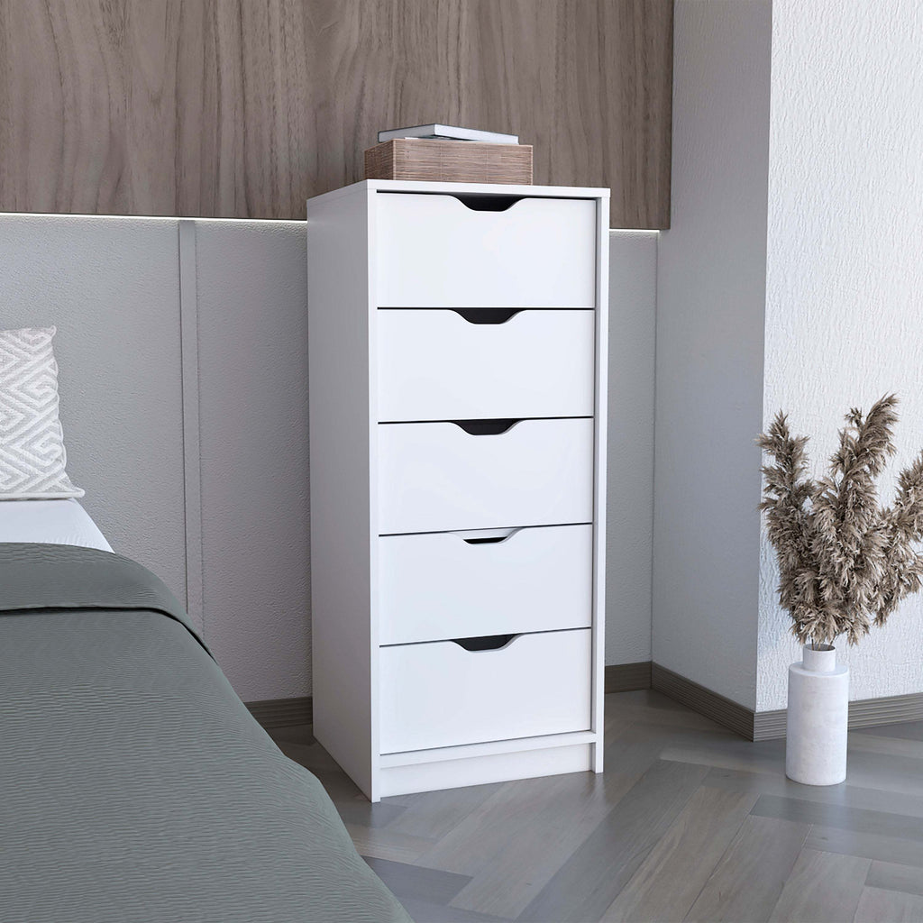 Basilea 5 Drawers Tall Dresser, Pull Out System -White