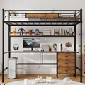 Loft Bed Twin Size with L-Shaped Desk, Charging Station, Twin Metal Loft Bed Frame with Fabric Drawers & Shelve,  Safety Guardrail, No Box Spring Needed, Brown