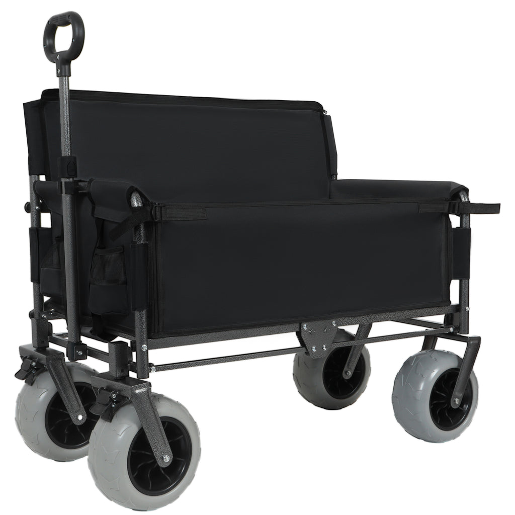 Folding Wagon with Bench Seat & 500 lbs Capacity-3-in-1 Collapsible Utility Cart with All-Terrain Beach Tires for Camping, Beach, Groceries, Outdoor, Black