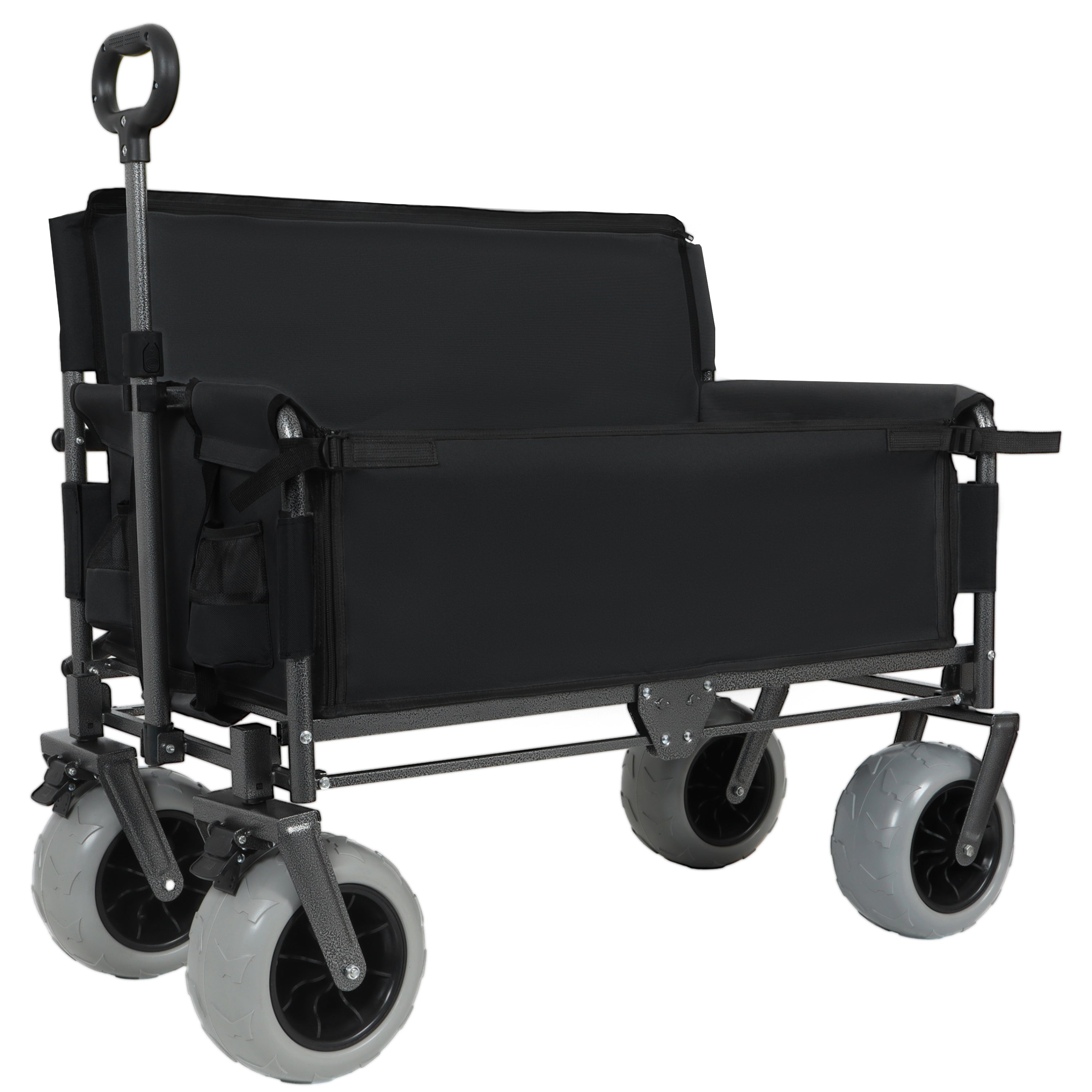 Folding Wagon with Bench Seat & 500 lbs Capacity-3-in-1 Collapsible Utility Cart with All-Terrain Beach Tires for Camping, Beach, Groceries, Outdoor, Black