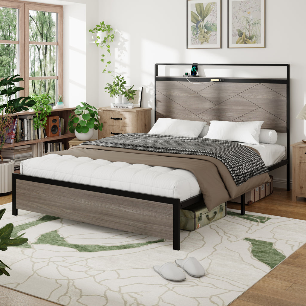 Bed frame full size, wooden platform bed frame with storage LED light headboard and 2 USB, no noise, no spring mattress required and simple assembly tools, large underbed storage, Antique Grey