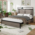 Bed frame full size, wooden platform bed frame with storage LED light headboard and 2 USB, no noise, no spring mattress required and simple assembly tools, large underbed storage, Antique Grey