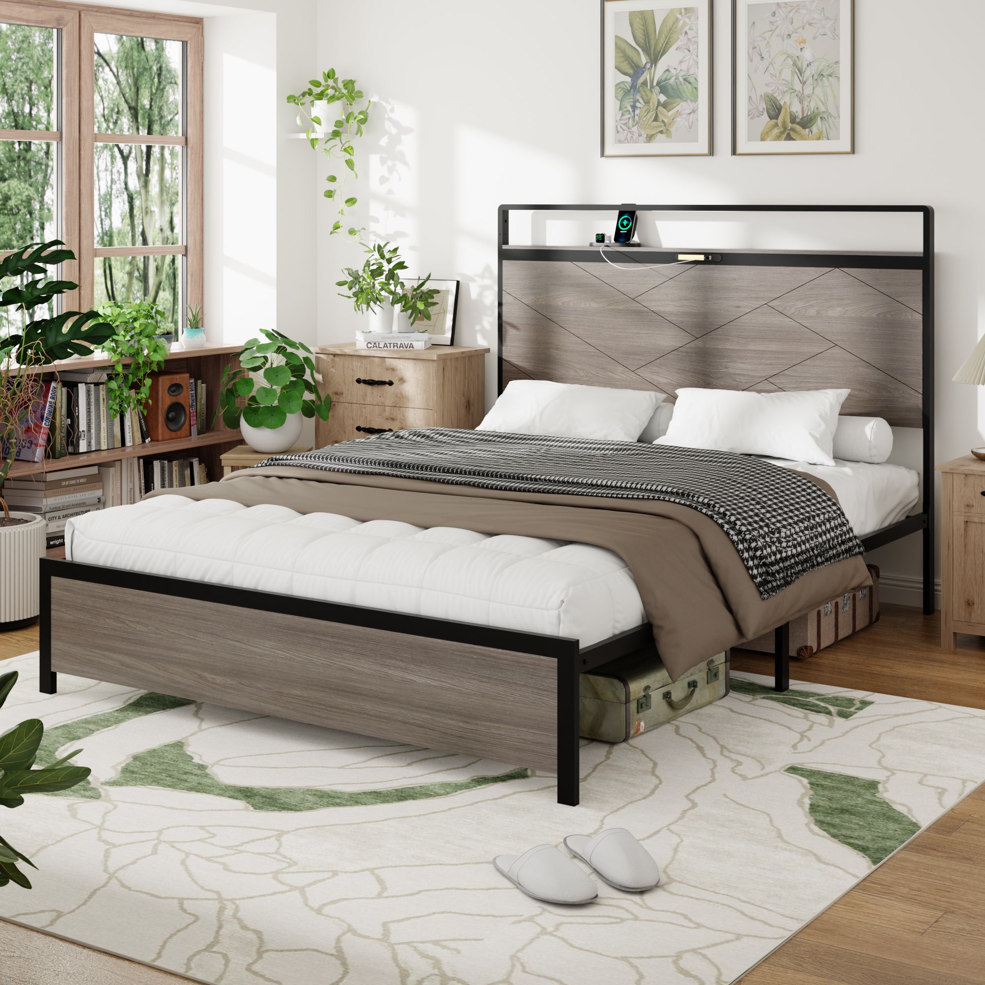 Bed frame full size, wooden platform bed frame with storage LED light headboard and 2 USB, no noise, no spring mattress required and simple assembly tools, large underbed storage, Antique Grey
