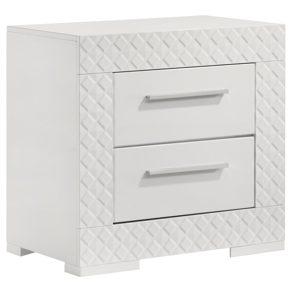 Pierce White High Gloss 2-Drawer Nightstand Bedside Table in Gloss White Wood with Smooth Storage and Felt-Lined Top