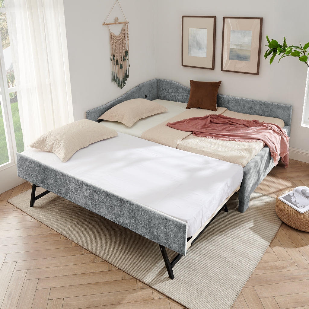 Full Size Curved Round Edge Padded Backrest Daybed, Vintage Nailhead Trim Chenille Daybed with Pull-out Trundle and USB Port