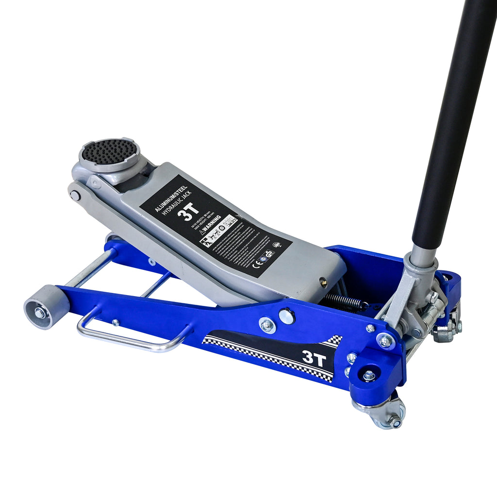 3T Aluminum and Steel Hydraulic Trolley Floor Jack with Extra Saddle, Fits SUVs and Extended Height Trucks, 3 Ton (6,600 lb) Capacity, Black/Blue