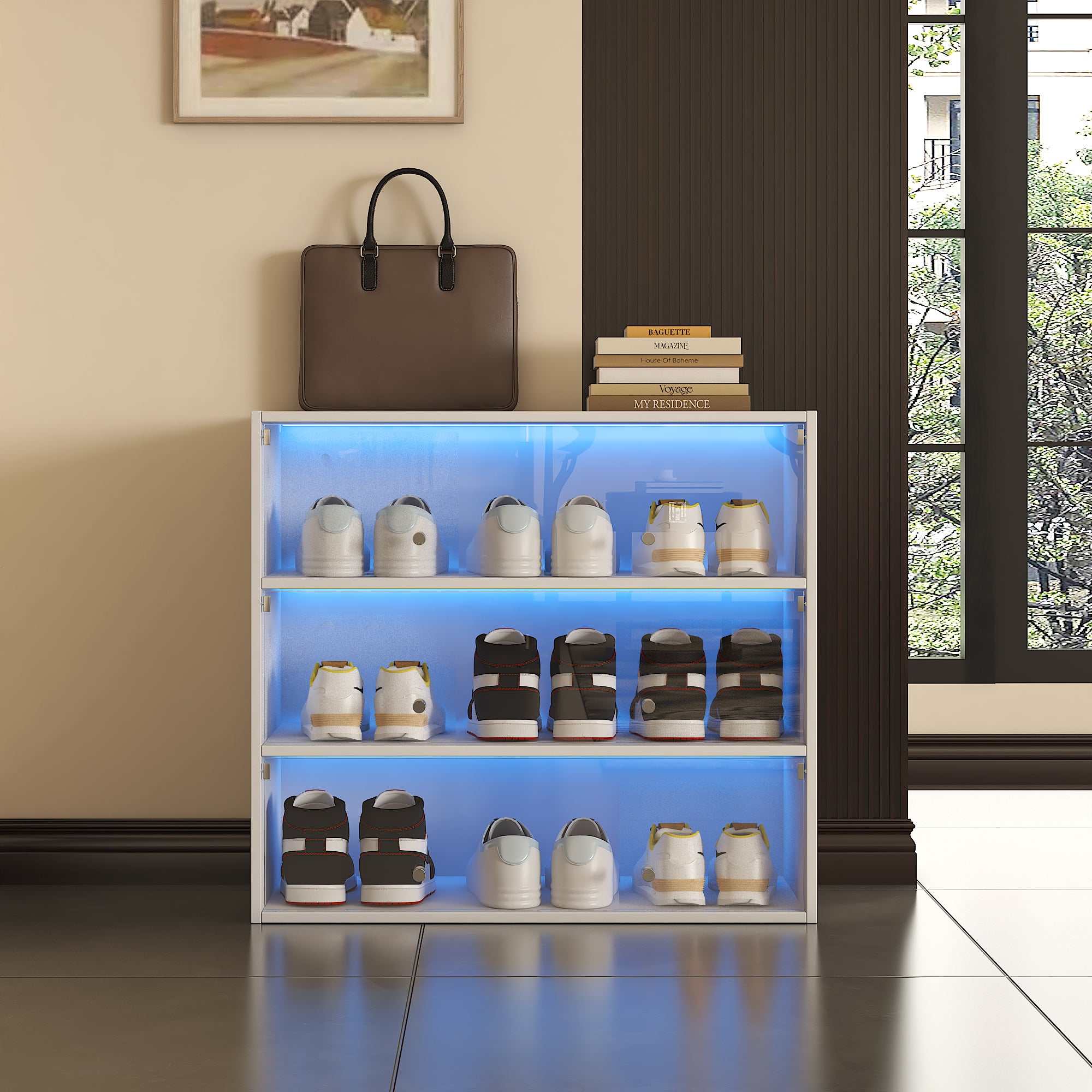 White Glass Door Shoe Box Shoe Storage Cabinet  With RGB Led Light