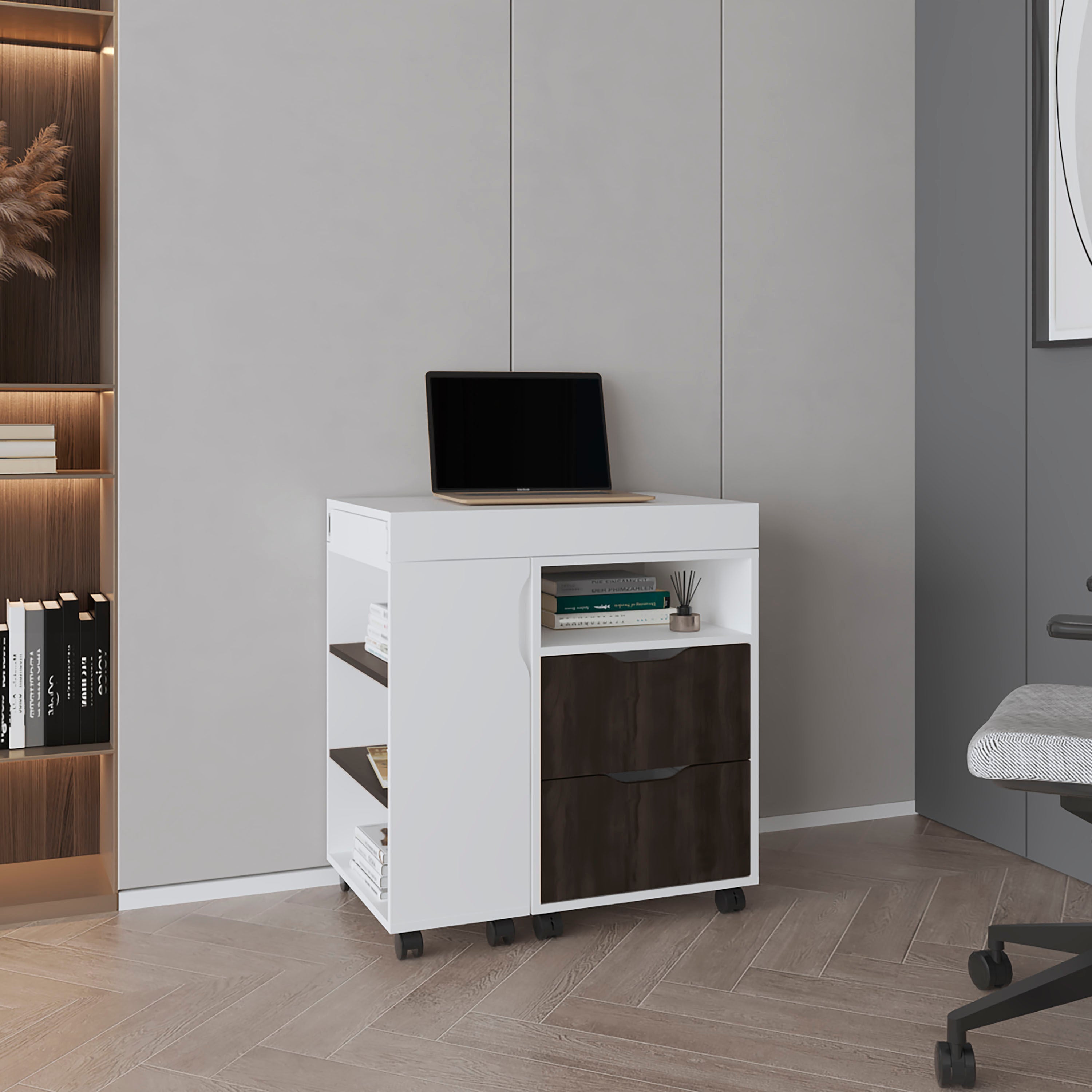 San Diego 54' Wide Two Drawer Expandable Desk  with Seven Shelves and Casters White - Dark Walnut