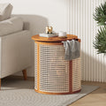 15.70' Round End Table, Hollow Woven Side Table, Small Rubber Wood Nightstand, Rattan Woven Tea Desk, Round Wood Tabletop, Chic Home Decor Desk, Easy Assembly, Ochre Color