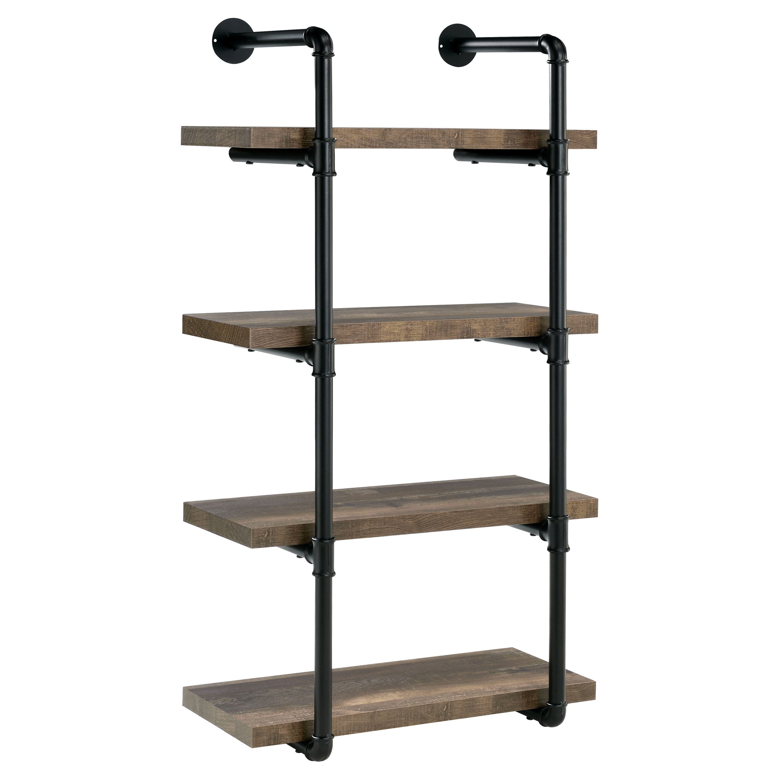 Black and Rustic Oak 4-Tier Wall Shelf with Metal Pipe Frame, Wood and Metal Construction, 46in H x 23.5in W x 11.5in D