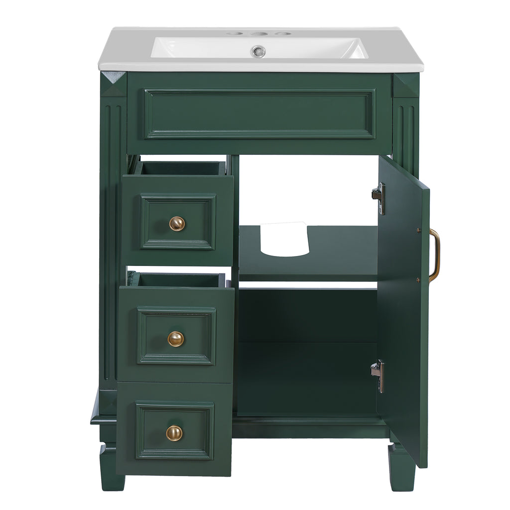 Modern Green Bathroom Vanity with Ceramic Sink, 24' Compact Cabinet with 2 Drawers and Adjustable Shelf