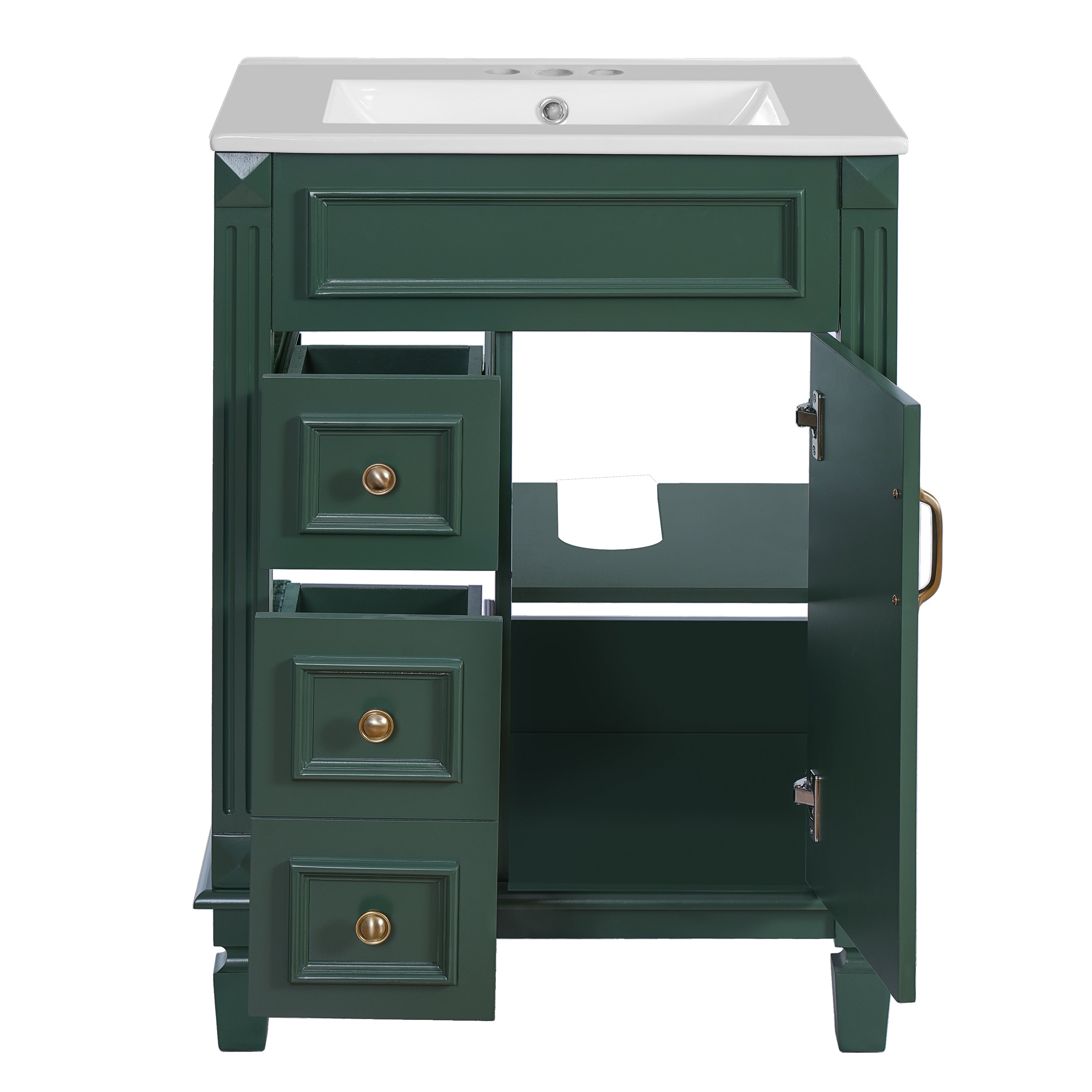 Modern Green Bathroom Vanity with Ceramic Sink, 24' Compact Cabinet with 2 Drawers and Adjustable Shelf