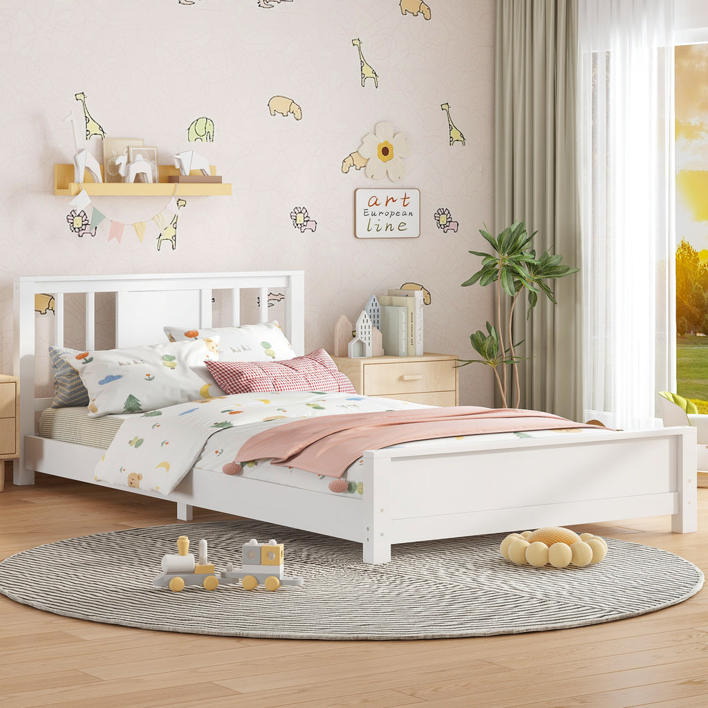 Twin Size Platform Bed Frame with Headboard, Solid Wood Low Profile Platform Bed Frame, Floor Bed with Support Slats, White