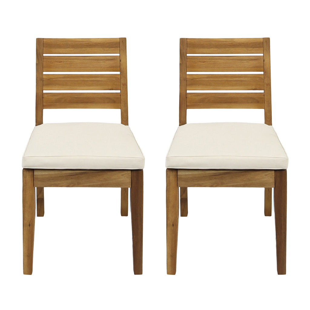 Transitional Outdoor Armless Dining Chair Set with Cushions, Natural and Beige, Acacia Wood