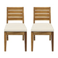 Transitional Outdoor Armless Dining Chair Set with Cushions, Natural and Beige, Acacia Wood