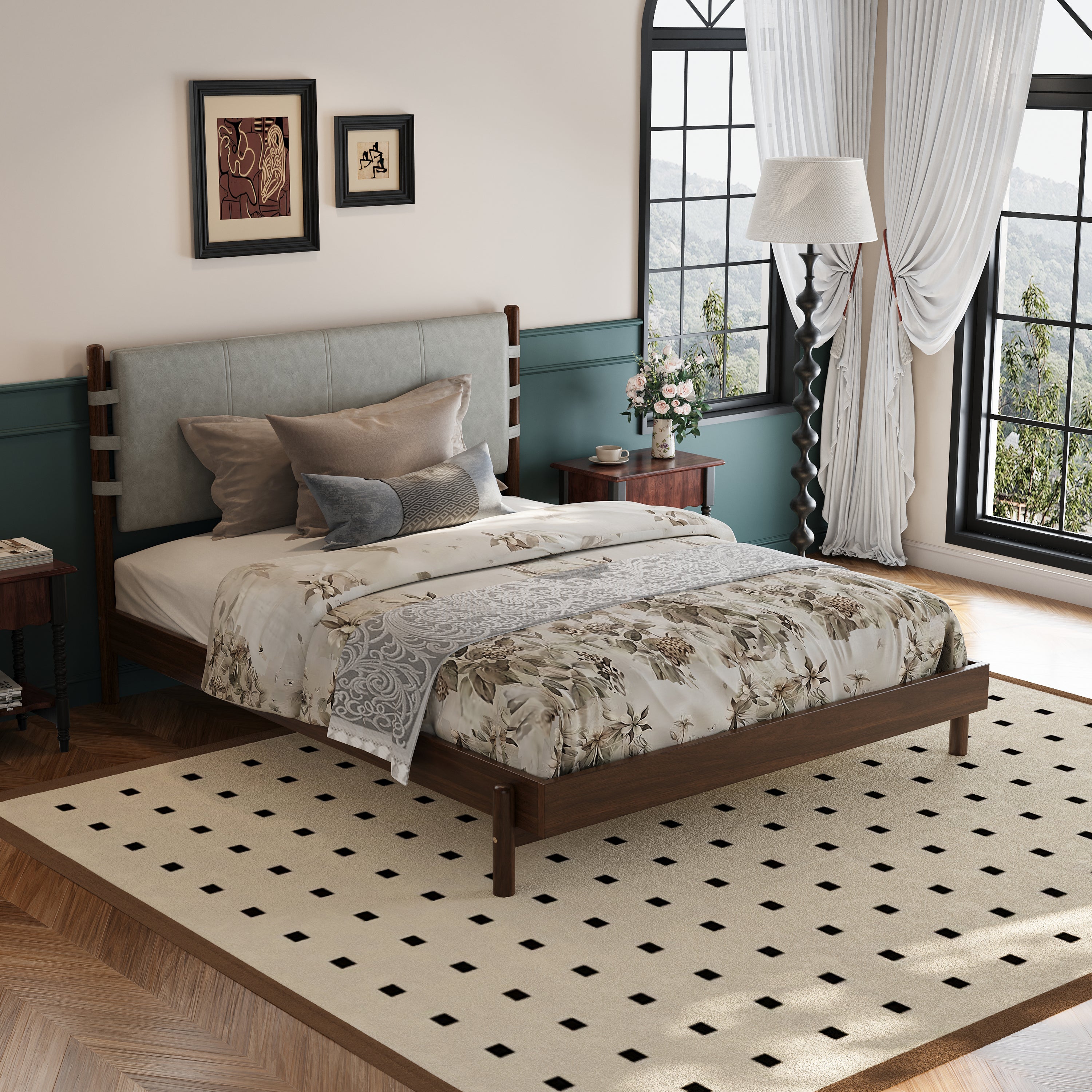 Premium Rubber Wood Platform Bed Frame, Queen Bed Frame with Headboard Included, Mid Century Modern Bed With Walnut+Light Grey Color