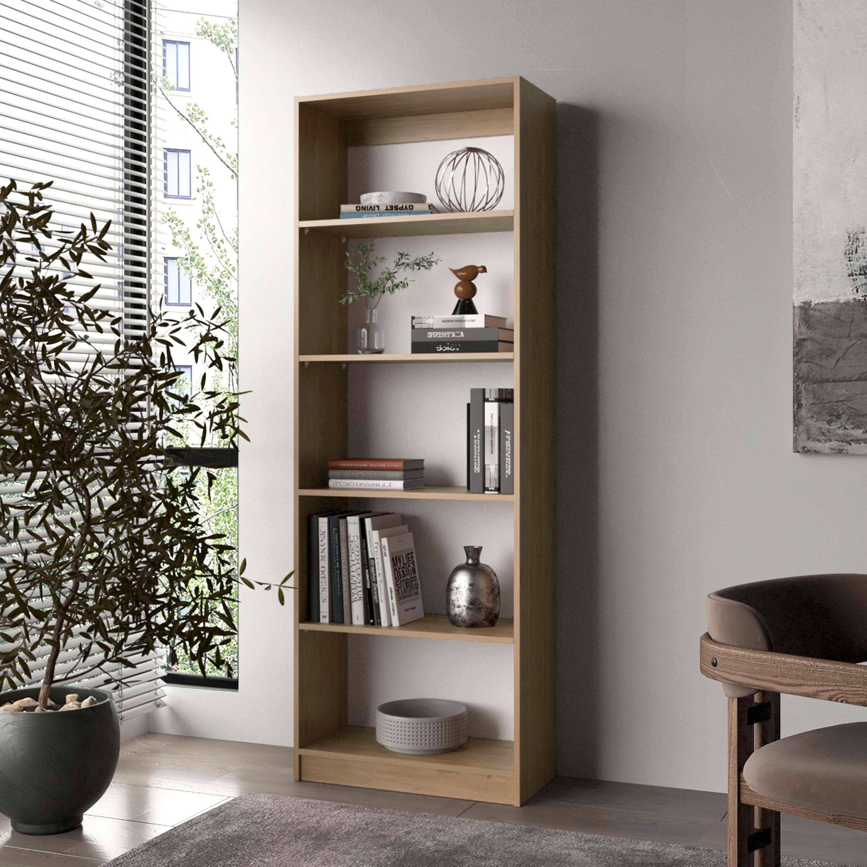Natural Oak and White 5-Shelf Bookcase with Open Storage
