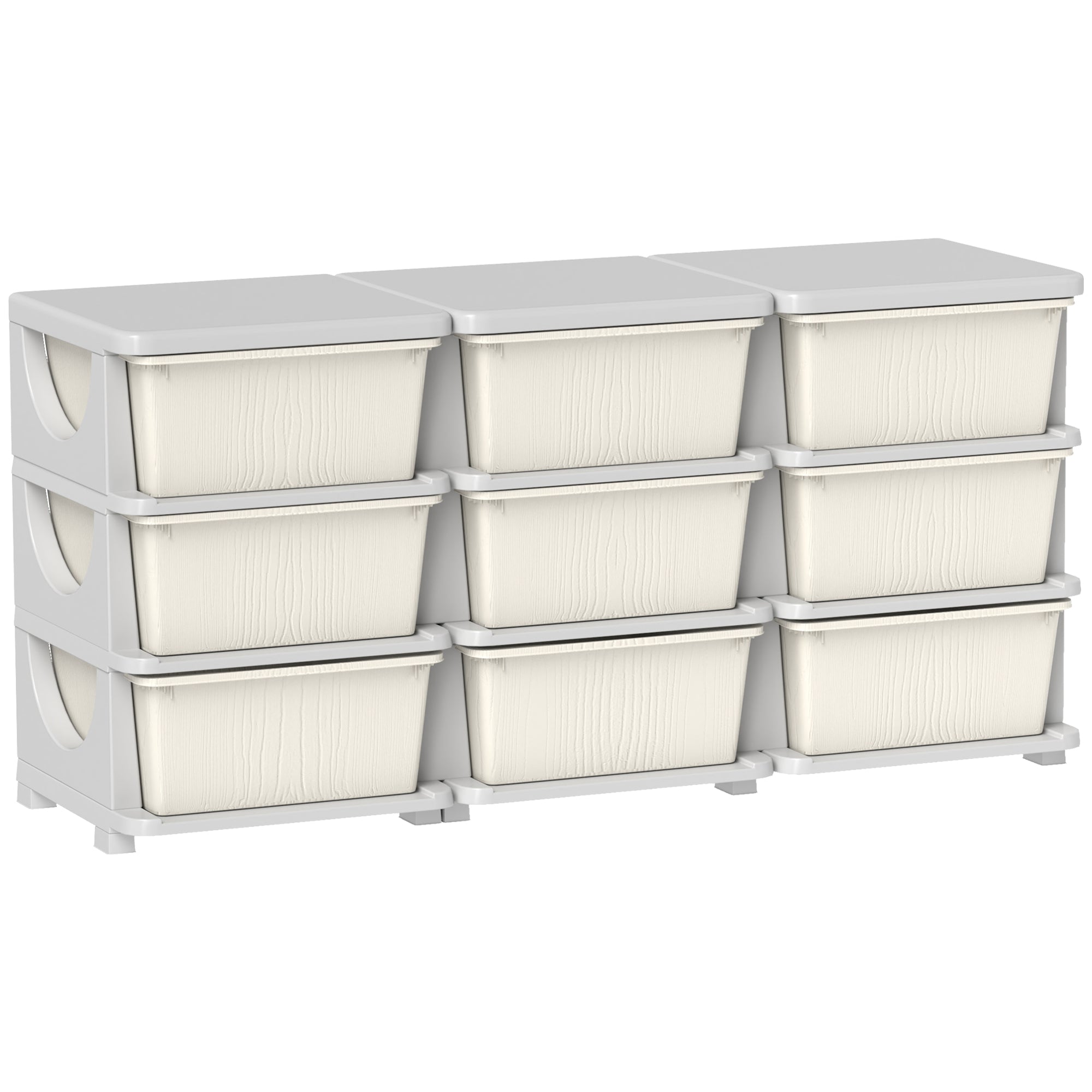Qaba 3 Tier Kids Storage Unit, 9 Drawer Chest Toy Organizer Plastic Bins for Kids Bedroom Nursery Kindergarten Living Room for Boys Girls Toddlers, Cream White