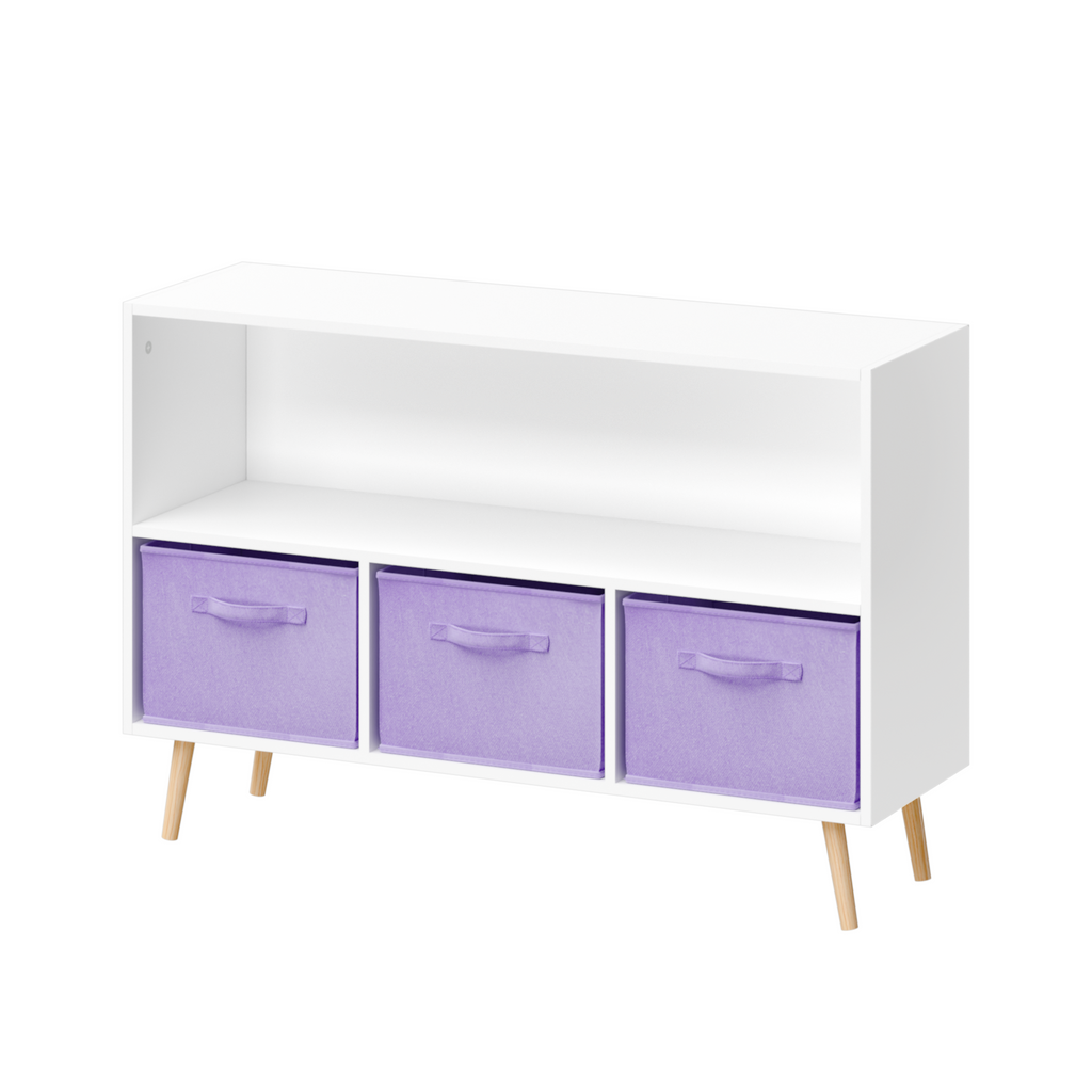 Kids Bookcase with Collapsible Fabric Drawers, Children's Book Display Organizer in White and Purple, MDF with Pine Legs
