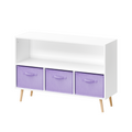 Kids Bookcase with Collapsible Fabric Drawers, Children's Book Display Organizer in White and Purple, MDF with Pine Legs