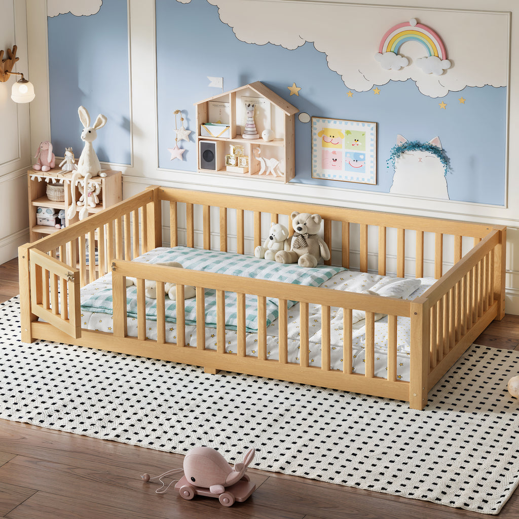 Full Size Bed Floor Bed with Safety Guardrails and Door for Kids, Natural