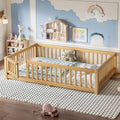 Full Size Bed Floor Bed with Safety Guardrails and Door for Kids, Natural
