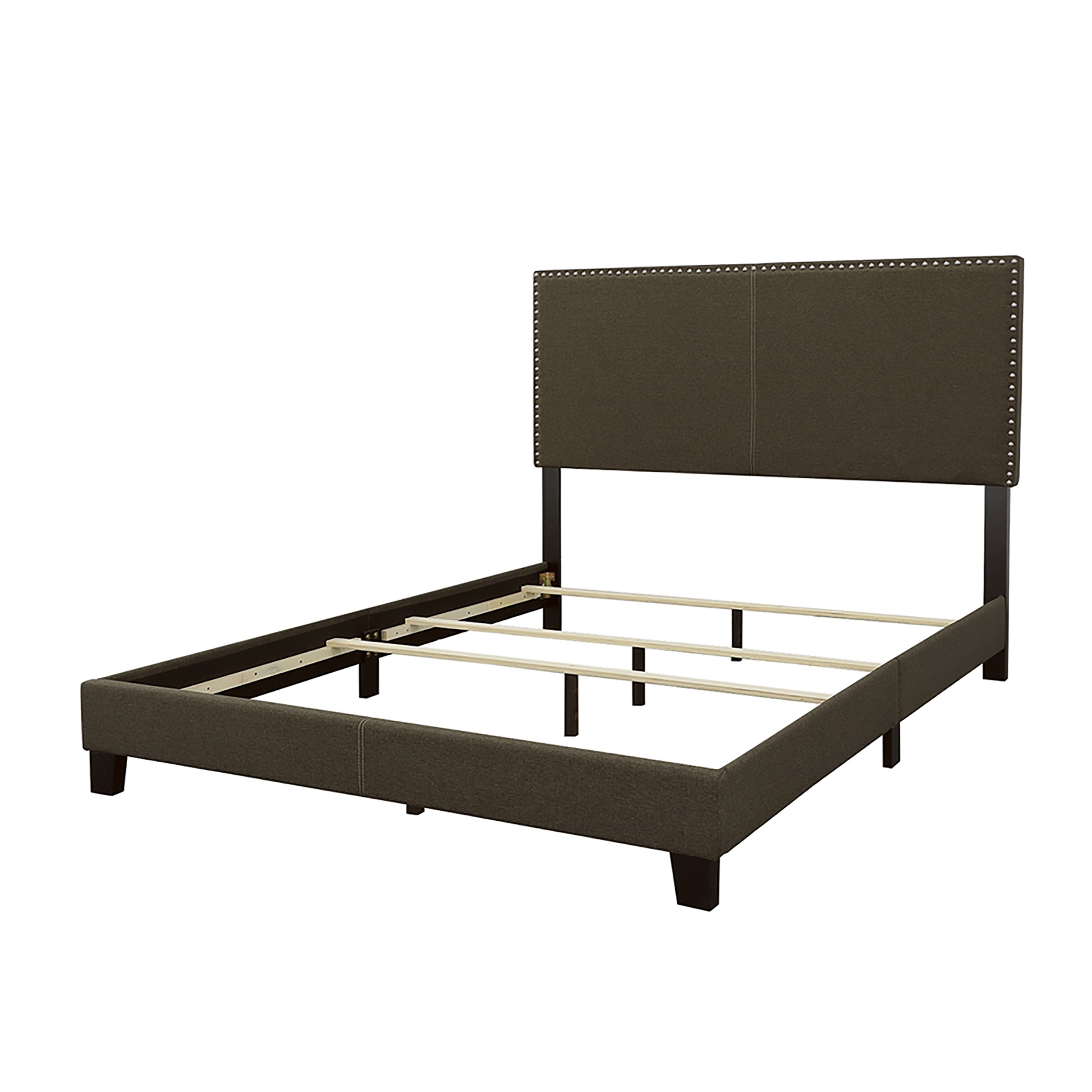 Charcoal Upholstered Full Bed with Chrome Nailhead Trim, Solid Wood Legs