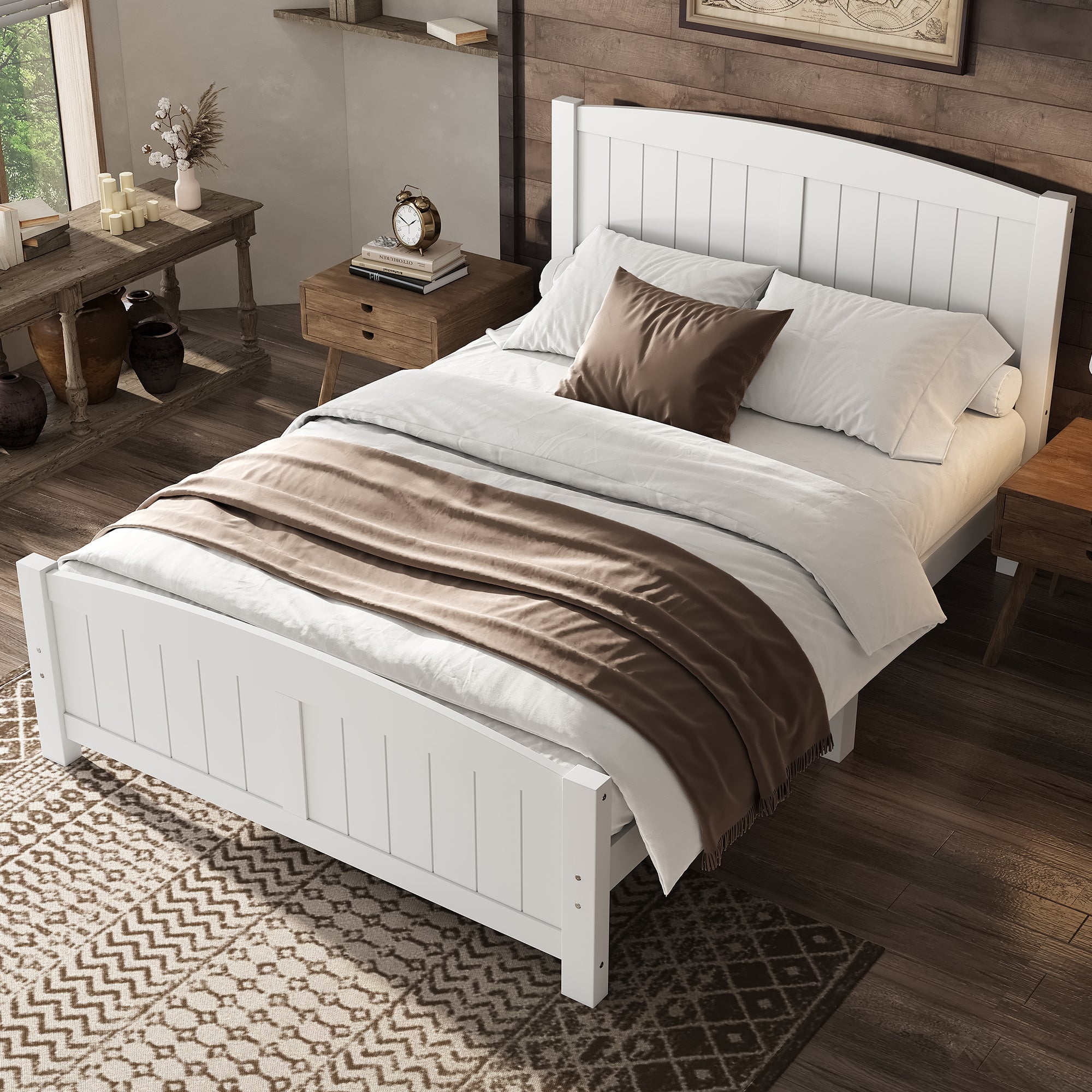 Full Size Platform Bed, Solid Wood Platform Bed with Support Slats and Strong Structure, No Box Spring Needed, White