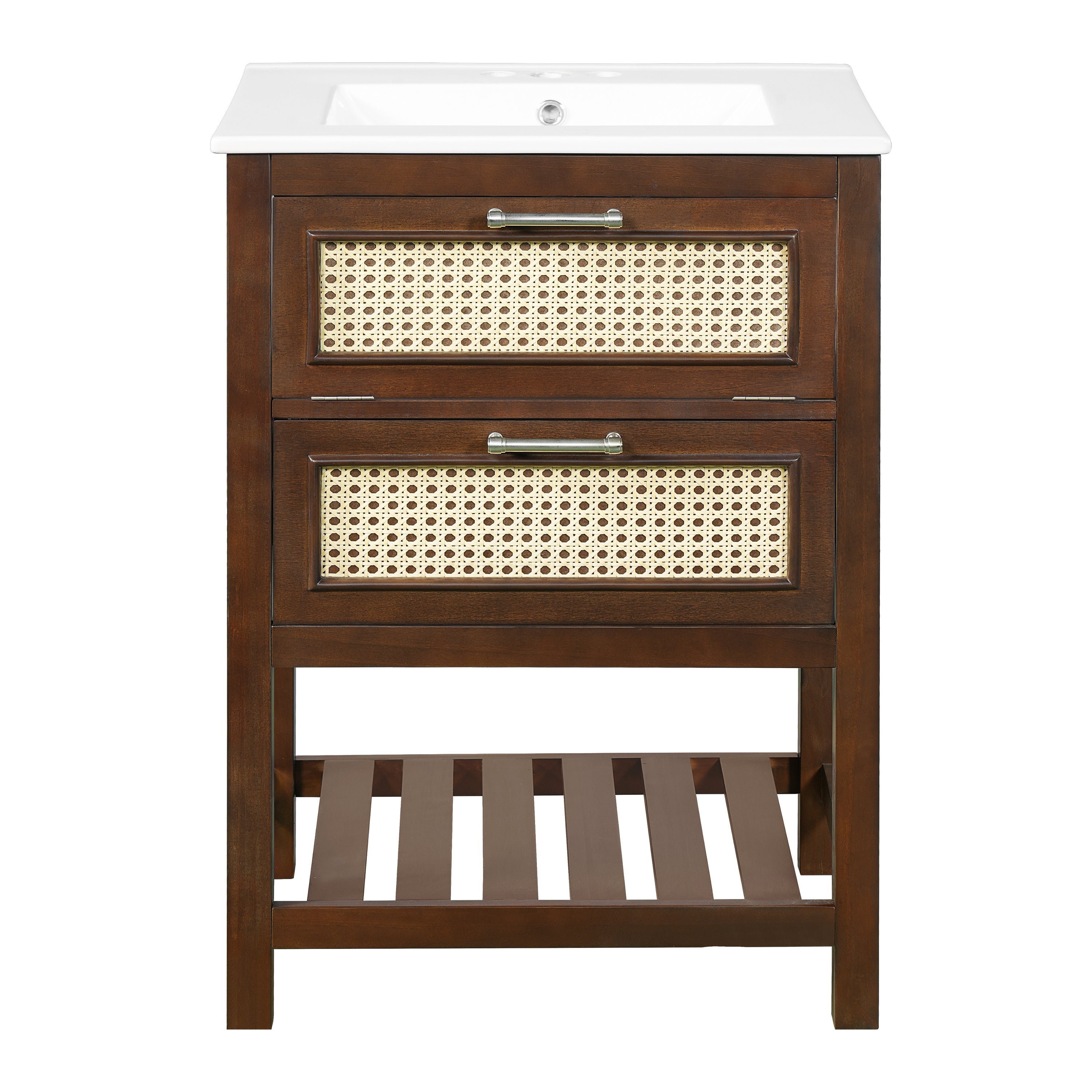 Modern 24' Bathroom Vanity with Integrated Ceramic Sink, Dark Brown MDF Cabinet with 1 Deep Drawer and 1 Tip-Out Drawer, Space-Saving Design for Small to Medium Bathrooms