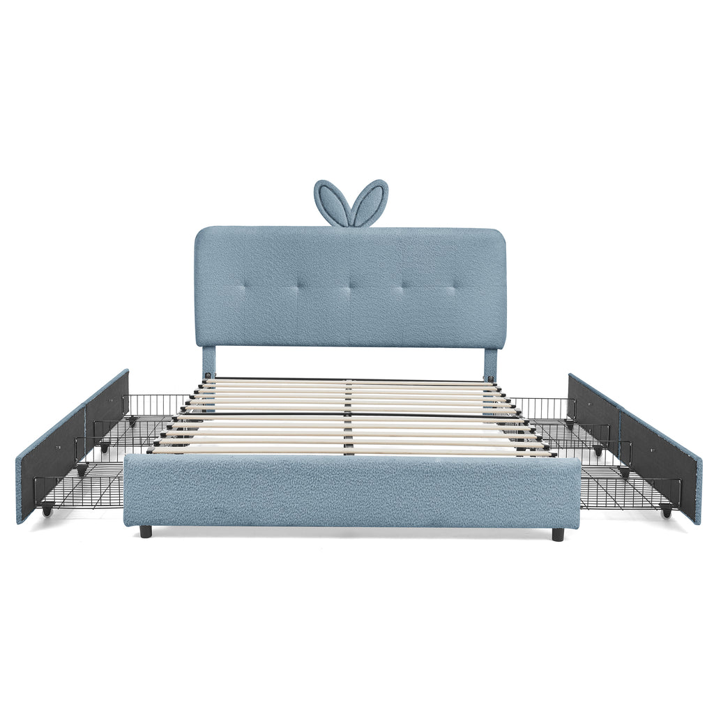 Kids Queen Upholstered Bed with LED Rabbit Ear Headboard, Boucle Fabric in Navy, 84.5''X62.75''X41''