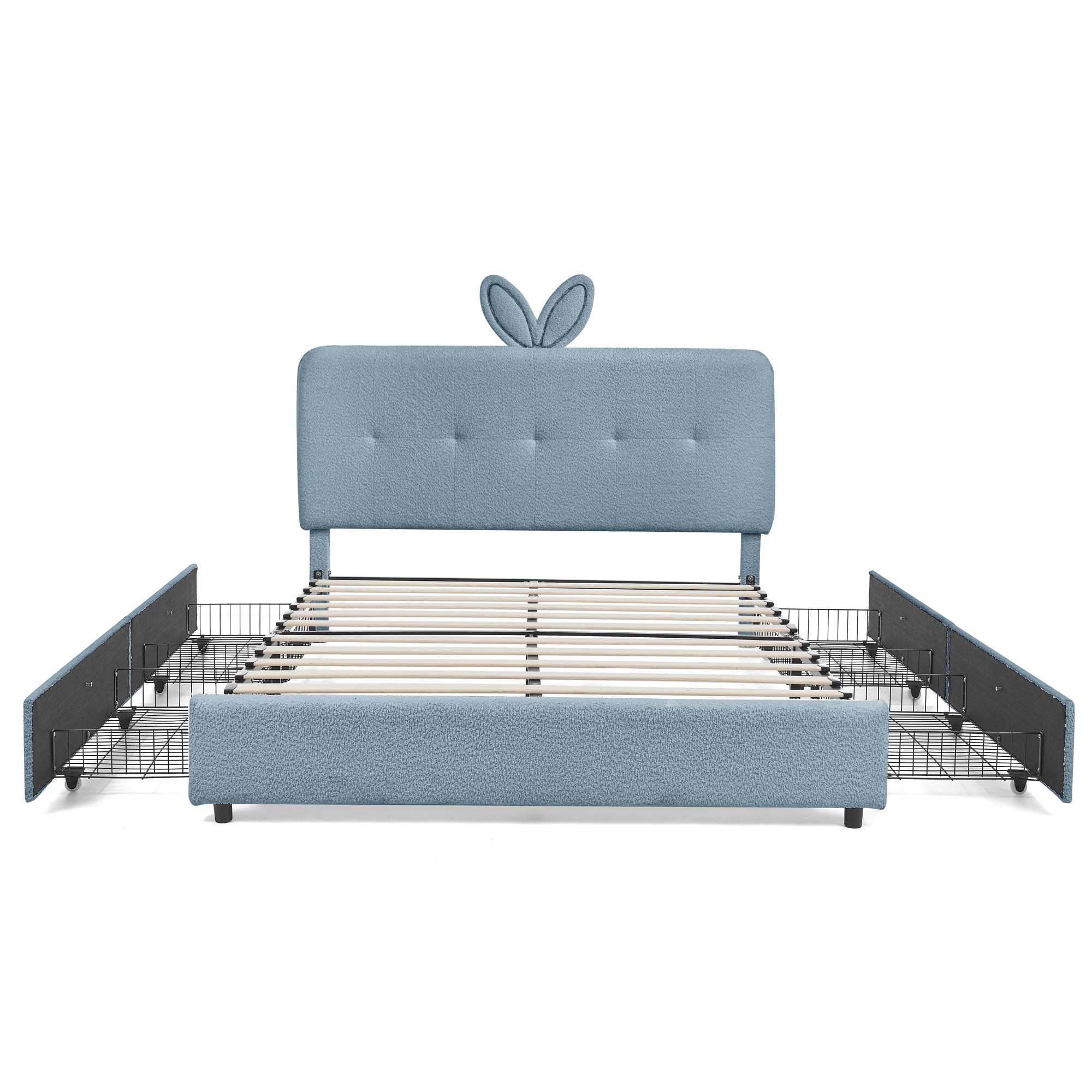 Kids Queen Upholstered Bed with LED Rabbit Ear Headboard, Boucle Fabric in Navy, 84.5''X62.75''X41''