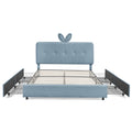 Kids Upholstered Bed with Rabbit Ear Headboard, LED Light & 4 Drawers in Navy Boucle Fabric, Full Size
