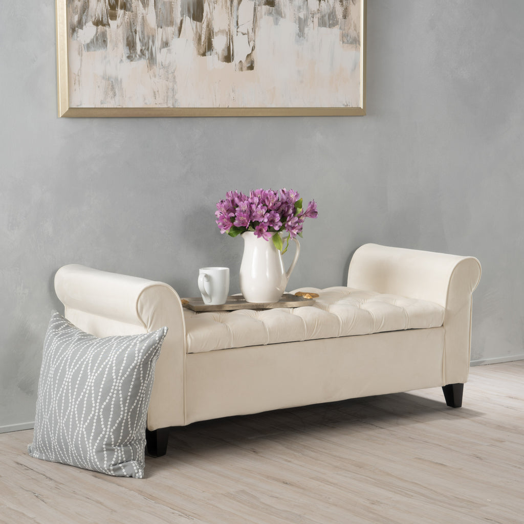 lvory Fabric Storage Bench with Rolled Arms, 38' Seat Width,  Black Legs, Button Fabric Design, Living Room Bedroom Entryway Furniture