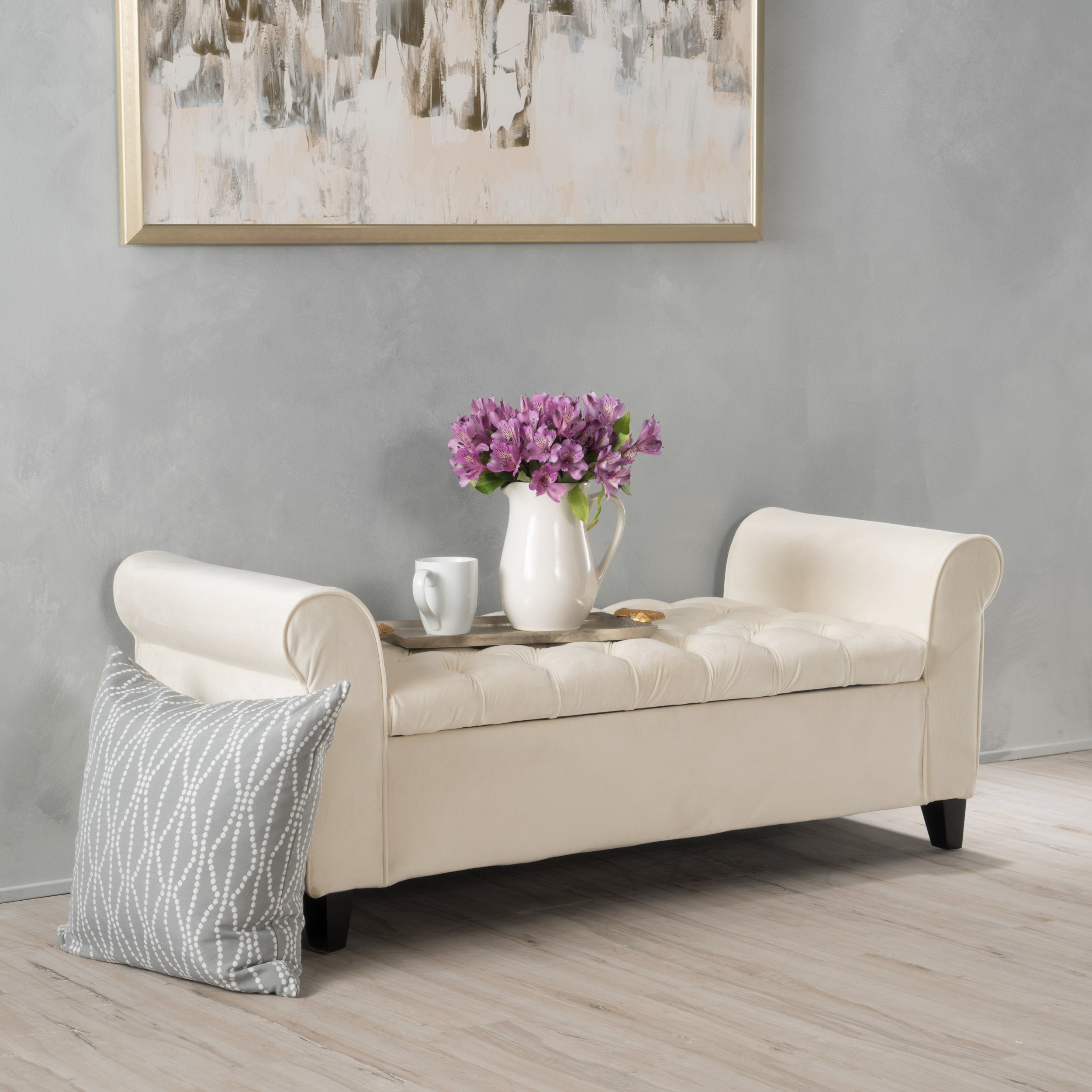 lvory Fabric Storage Bench with Rolled Arms, 38' Seat Width,  Black Legs, Button Fabric Design, Living Room Bedroom Entryway Furniture