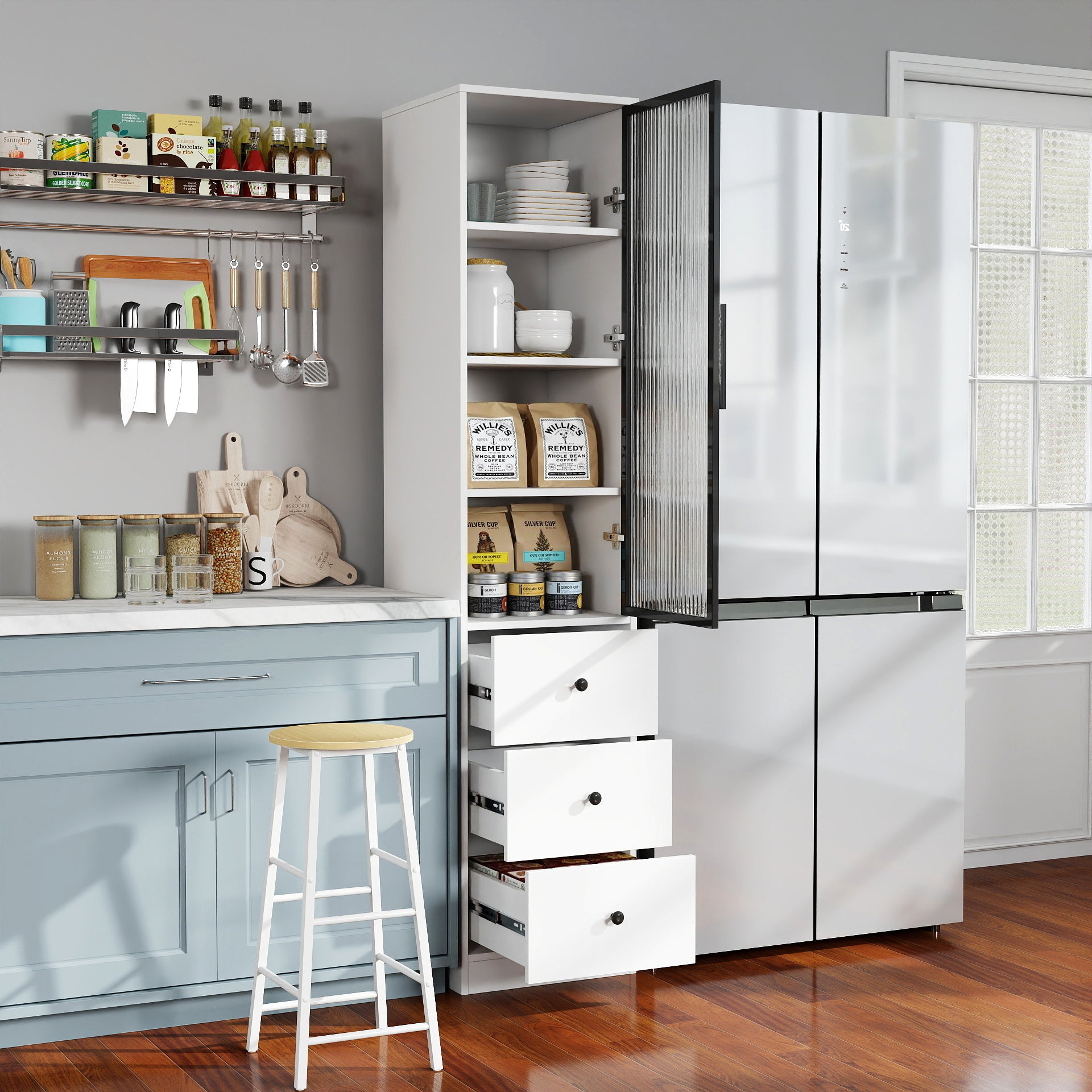 70.87' H Tall Bathroom Storage Cabinet with 1 glass Door and 3 Drawer, Narrow Storage Unit, Floor Cabinet for Bathroom, Living Room, Entryway, Kitchen
